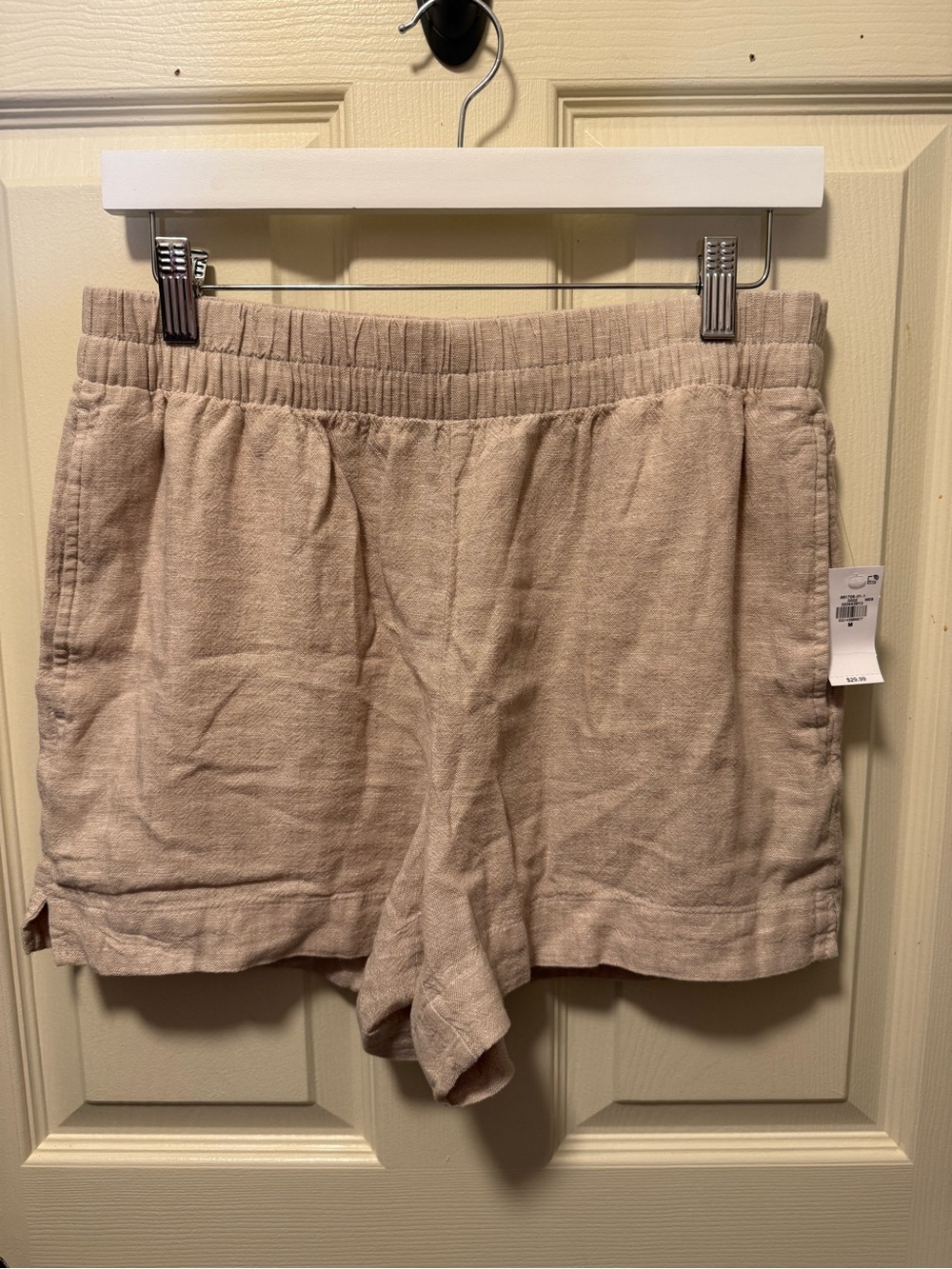 Beige Linen-Blend Elastic Waist Shorts